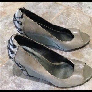 Fergie peep toe corset wedges